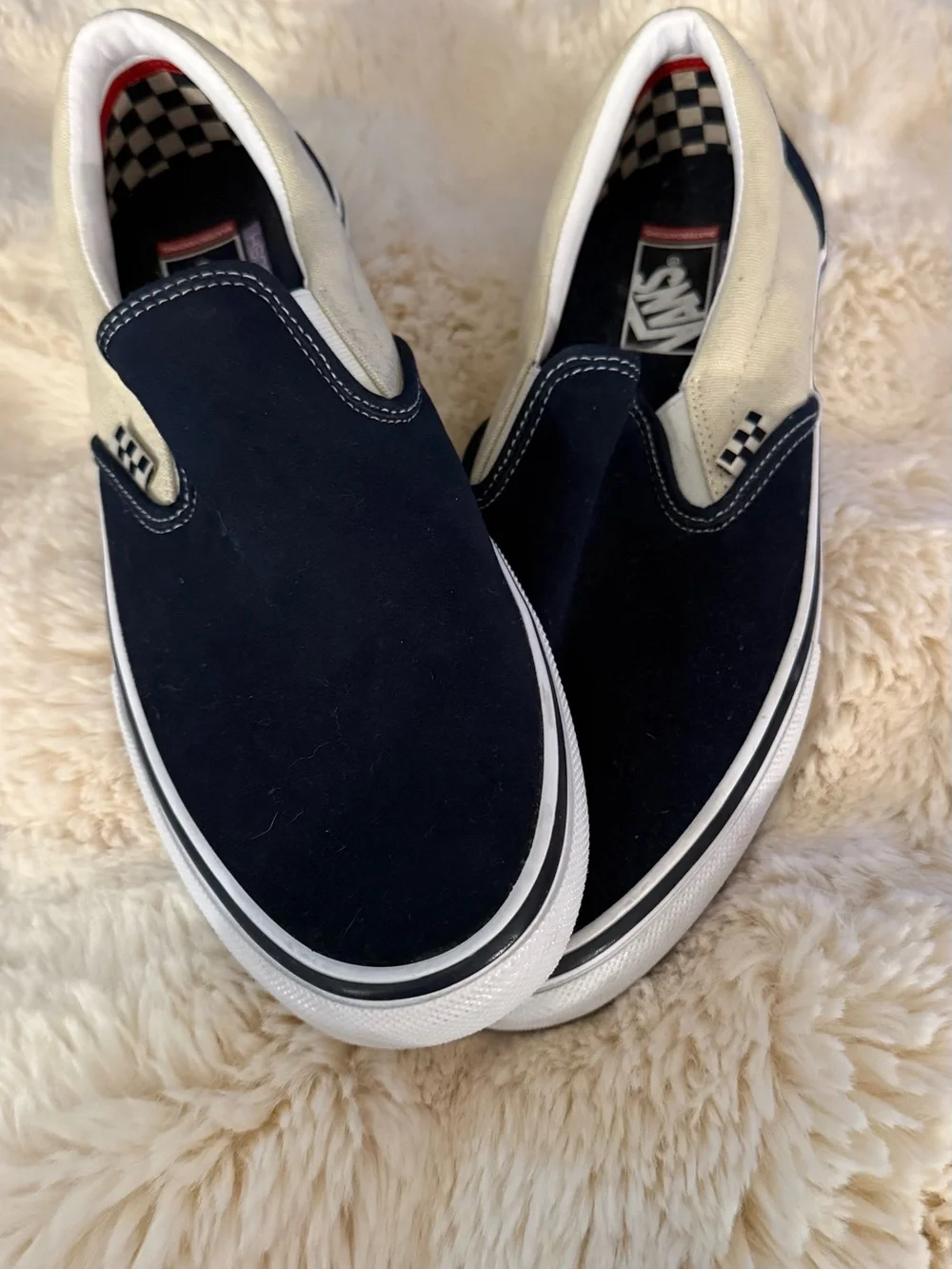 Vans Slip-On Shoe - Navy Suede Cream Canvas. Brand New, Never Worn. Men’s 11